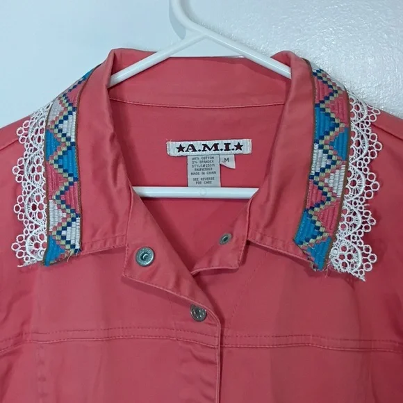 Ami Peachy Orange Coral Shabby Chic Western Jacket w/ Lace Collar Trim M - Picture 3 of 10